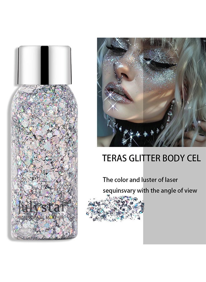 Julystar Glitter Body Gel Face Body Glitter Gel Mermaid Sequins Holographic Body Glitter Gel Long-Lasting Festival Makeup Glitter Paint for Face Body Hair Nails (30g, 01 Silver) - Image 3